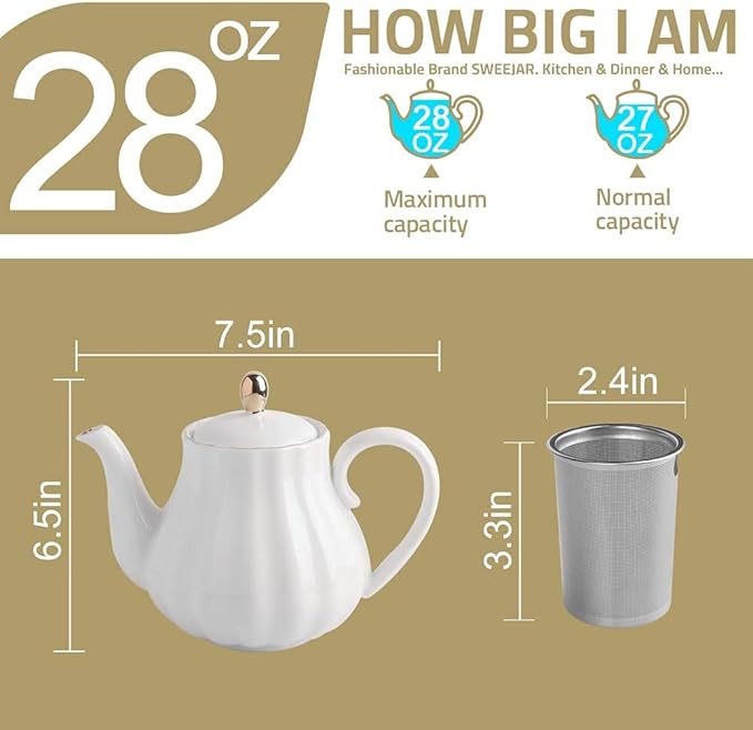 Sweejar Royal Teapot, Ceramic Tea Pot with Removable Stainless Steel Infuser, Blooming & Loose Leaf Teapot - 28 Ounce(Red)