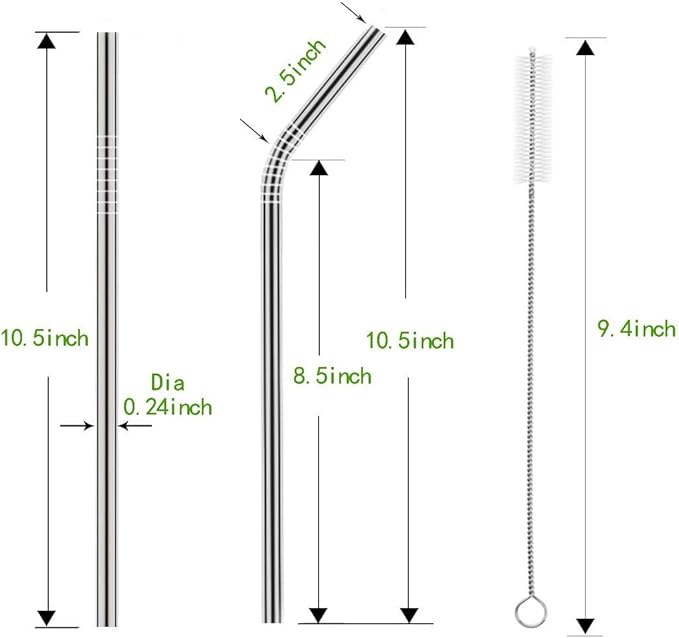 Set of 10 Stainless Steel Straws, HuaQi Bent Reusable Drinking Straws 10.5'' Long 0.24‘’ Dia for 30 oz Tumbler and 20 oz Tumbler, 2 Cleaning Brush Included