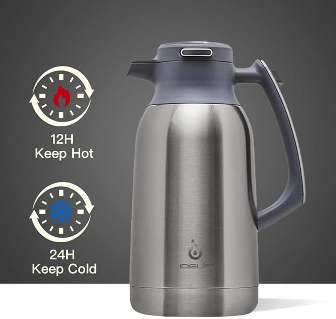 IDEUS Thermal Coffee Carafe 68oz (2,000ml), Stainless Steel Double Wall Insulated Vacuum Flask, Water Jug Coffee Server and Beverage Dispenser, Heat and Cold Retention (Metallic, 68oz (2,000ml))
