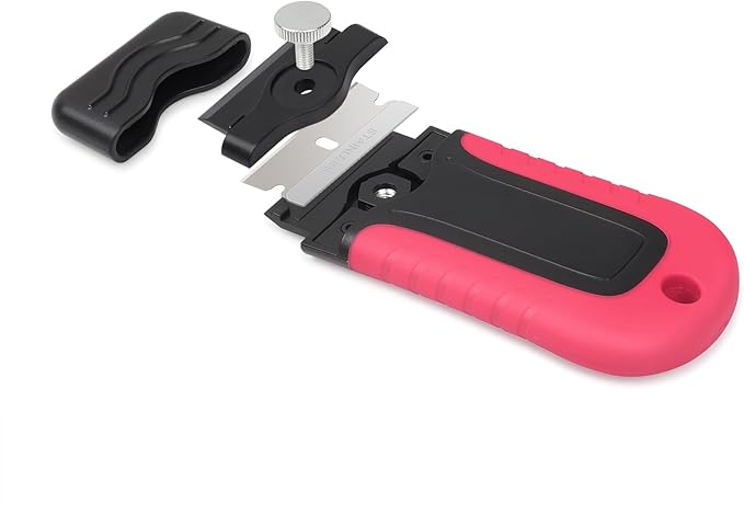 Gomake Razor Blade Scraper Tool with Blade Storage Container, Glass Cooktop Stove Scraper with 10PCS Stainless Steel Blades for Glass Clean,Paint,Old Label,Decal Sticker,Adhesive Remover-Pink