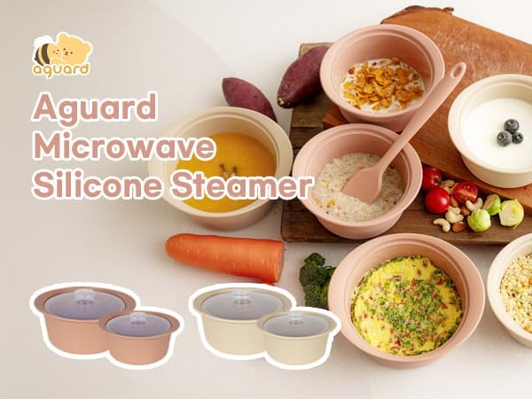 Microwave Silicone Steamer for Baby Food, Made In Korea, Oven & Dishwasher Safe to 482°F, Easy Clean, Microwave Pot with Handle & Lid, 100% Food Grade Steamer Bowl (Terracotta Rose, 19oz (550ml))