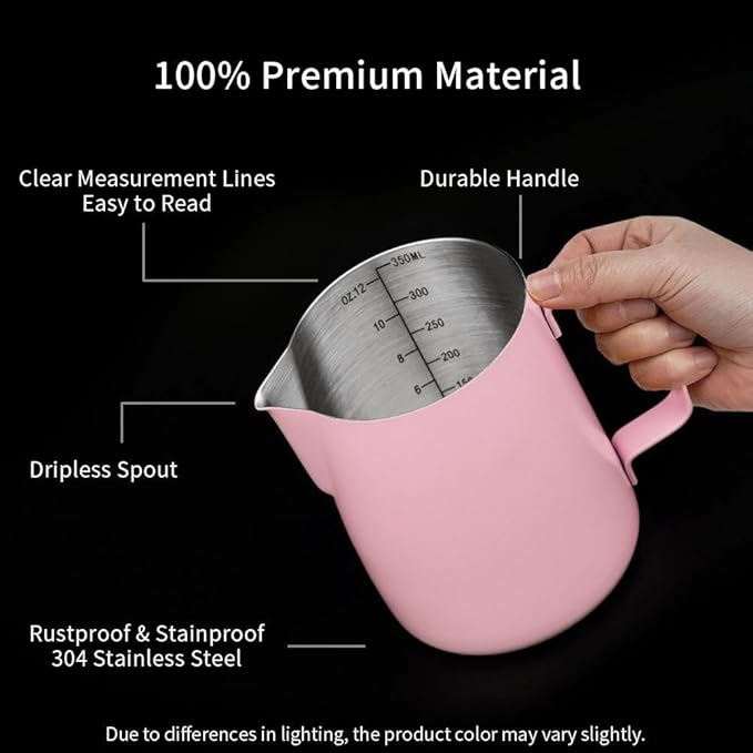 watchget Stainless Steel Milk Frothing Pitcher 12oz/350ml - Espresso Steaming Pitcher for Cappuccino, Latte Art, Coffee Machine Accessories Milk Jug Coffee Frother Cup, Pink