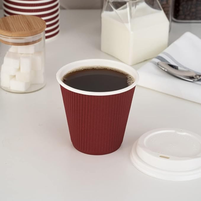 Restaurantware 8 Ounce Double Wall Disposable Coffee Cups, 500 Insulated Crimson Paper Tumblers, Ripple Wall Design, Lids Sold Separately for Hot Drinks like Tea, Hot Chocolate, and More