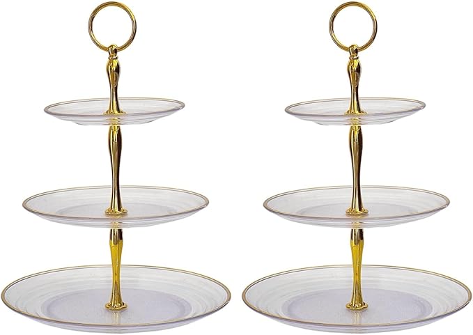 2 Pack of Dessert Cupcake Stand with Gold Trim, 3 Tier Cup Cake Holder Tower for Tea Party, Birthday, Wedding, Plastic Tiered Serving Tray, Clear