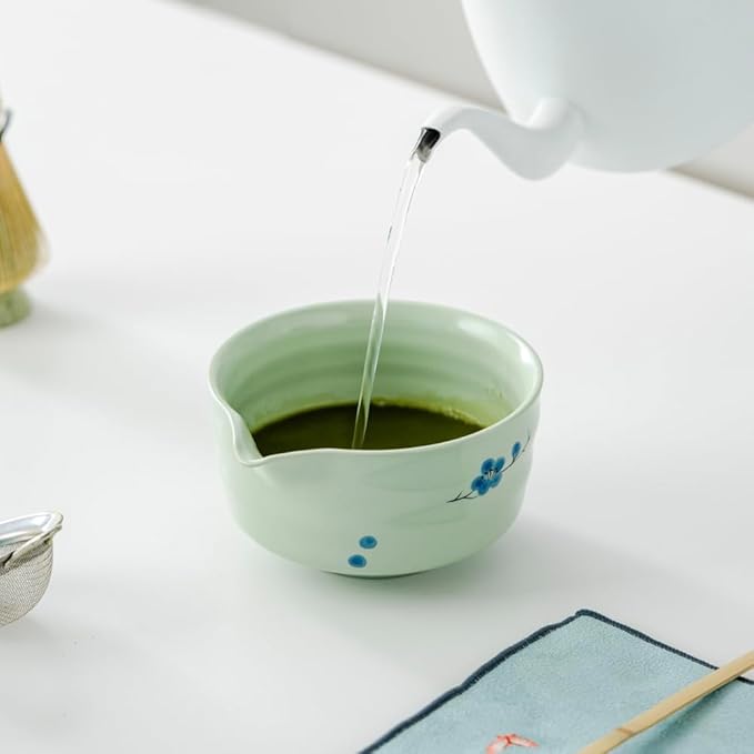 matcha whisk set, including matcha bowl, matcha whisk and stand, sieve, spoon, cloth mat, gift for matcha set(Light green)