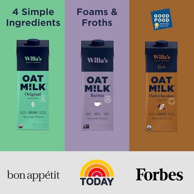 Willa's Organic Barista Oat Milk - Barista Blend Unsweetened Oatmilk and Creamer, Non-GMO, Shelf Stable, Low Sugar, Non-Dairy Milk, Made from Whole Grain Oats, For Foams and Froth, 32oz, Pack of 1