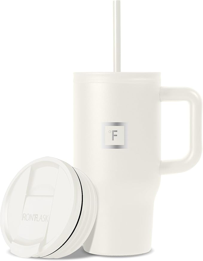 IRON °FLASK Co-Pilot Insulated Mug w/Straw & Flip Cap Lids - Cup Holder Bottle for Hot, Cold Drink - Leak-Proof- Water, Coffee Portable Travel Tumbler - Cashmere Cream, 16 Oz