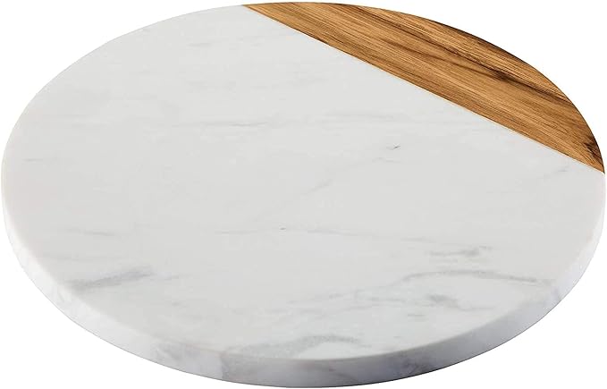 White Marble Board - Cheese Board | Acacia Wooden Serving Tray For Charcuterie, Cheese, Meats, Fruit, Crackers | Cutting Board, Serving Tray, Round Slab 10 Inches.