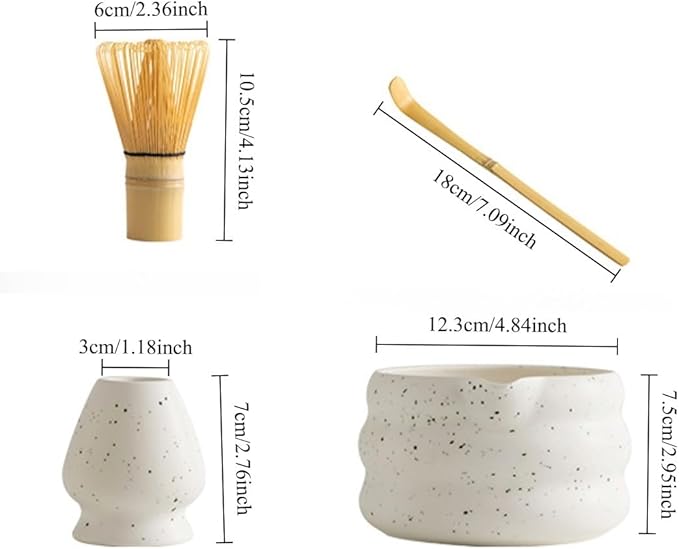 7-piece matcha kit includes matcha bowl. white speckled matcha tea set with bamboo whisk -, sifter, scoop, stainless steel filter, tea caddy, cloth & gift box - for matcha green (4)