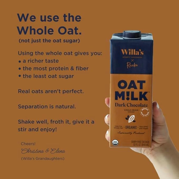 Willa's Organic Oat Milk - Chocolate Unsweetened Cacao Oatmilk, Non-GMO, Shelf Stable, Low Sugar, Non-Dairy Milk, Made from Whole Grain Oats, No Oil, No Gums, 32oz, Pack of 1