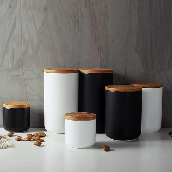 YYW Ceramics Food Storage Jar Canister with Airtight Seal Bamboo Lid, Simple Style Kitchen Canister for Food Storage, Store Coffee, Sugar, Tea, Spices and More (White (33.81oz/1000ml))
