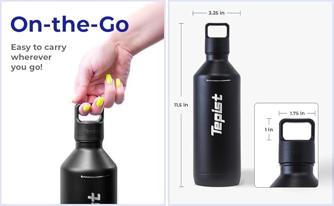 ThirtyO 30oz Stainless Steel Bottle Compatible with Sodastream Machines | Powder Coated Black | Vacuum Sealed | Double Walled | Leak-Proof | Easy to Carry | Reusable Bottle