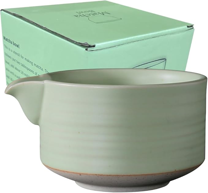 Matcha Traditional Porcelain Tea Bowl with Pour Spout - Hand Made Porcelain with Light Green Matte Glaze - Perfectly Whisked Matcha Green Tea, 430ml/ 14.5oz
