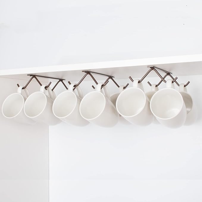 Cabinet Hook Mug Holder - Hanging Coffee Cup Rack for Kitchen, Under Cabinets Metal Hangers Organizer Shelf Storage Utensil (Brown)