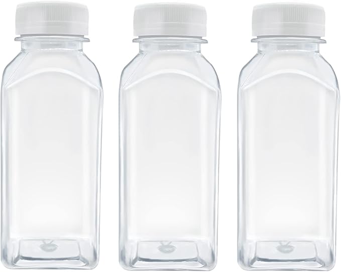 3 Pcs 8 Ounce Plastic Juice Bottles, Reusable Bulk Beverage Containers for Juice, Milk and Other Beverages, White lid
