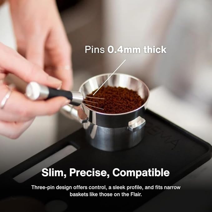 Crema Coffee Products Weiss Distribution Technique (WDT) Tool | Even Coffee Ground Distribution for Better Extraction | Stainless Steel with Silicone Grip | Includes 6 Pins & Storage Vault | Silver