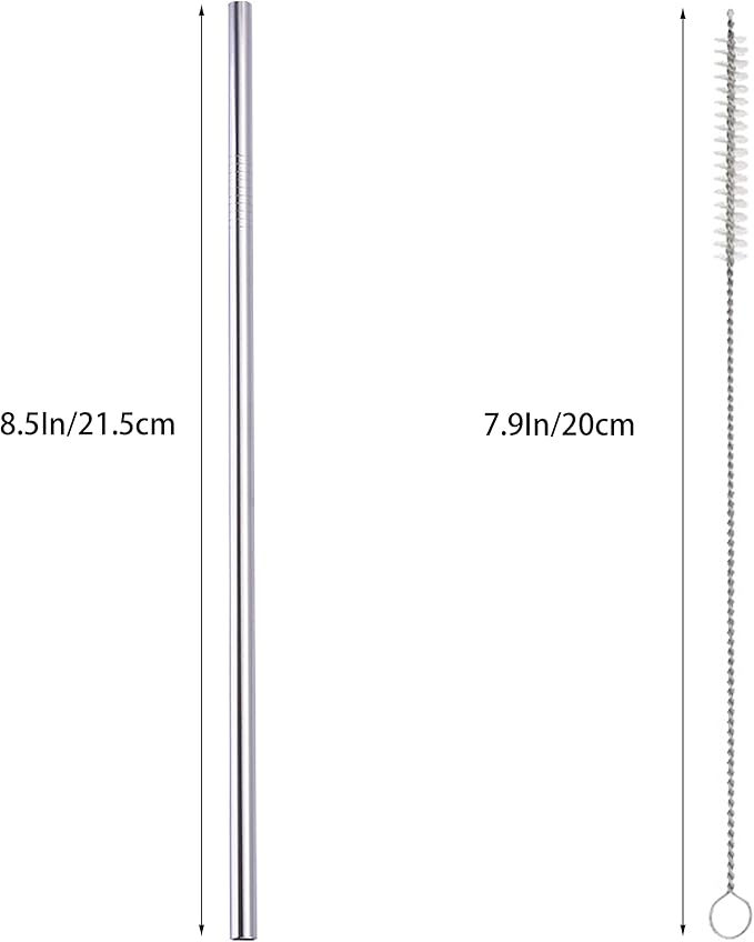 10 Pcs Stainless Steel Straws, Reusable Drinking Straws, Straight Metal Straw Sets with 2 Pcs Cleaning Brushes (8.5 Inch, Silver)