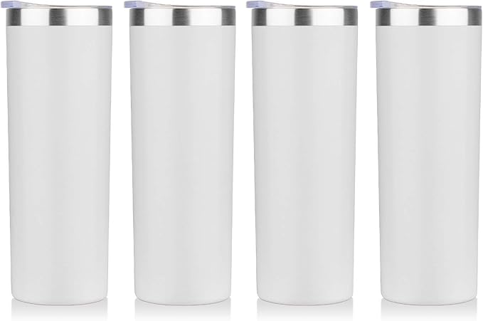HASLE OUTFITTERS 20 oz Skinny Tumblers Bulk Set, Stainless Steel Insulated Slim Tumblers with Lids, Reusable Double Wall Travel Coffee Mugs, Durable Powder Coated Travel Water Cups(White, 4)