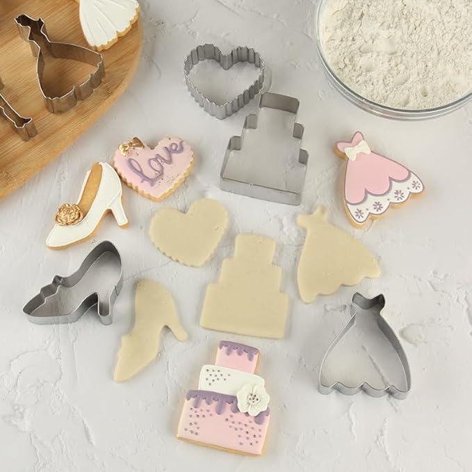 12 Wedding Cookie Cutters Shapes Set for Baking Including Bride and Groom Diamond Ring Wedding Cake Candle Wedding Dress Champagne Glasses Lipstick Heels Etc.