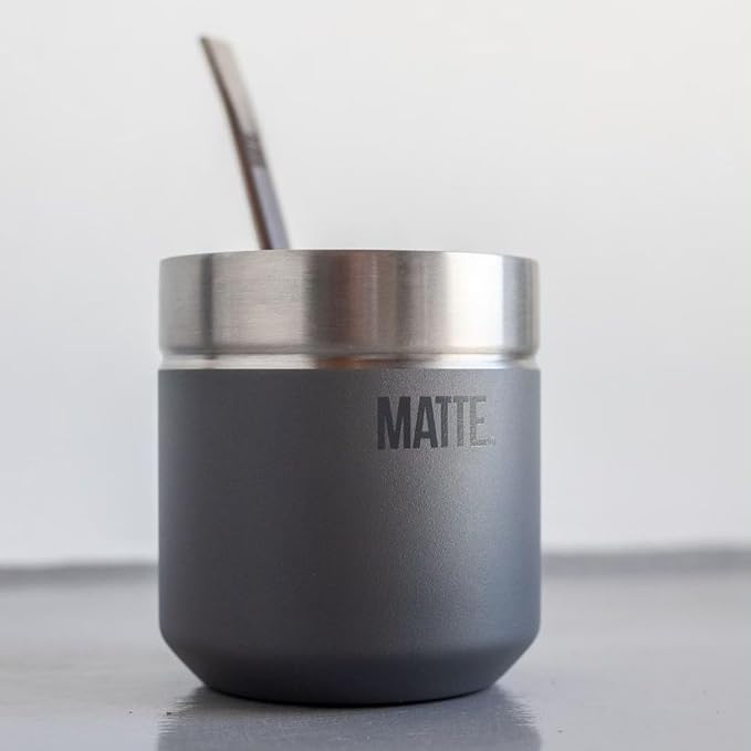 Matte 6.5 oz Yerba Mate Gourd and Bombilla Set - Includes DS Pro Box - BPA Free Yerba Mate Set Kit with Mate Straw, Elegant Design, Non-Slip Base (Grey)