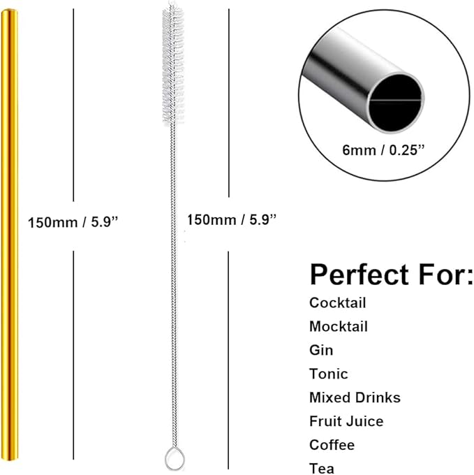 Short Cocktail Straws, Metal Stainless Steel Reusable Straw Small Mini 6 Inch for Cocktails Party Accessories Glasses Mason Jar Tumbler Coffee Juice Tea Mojito with Brush, Gold 16PCS