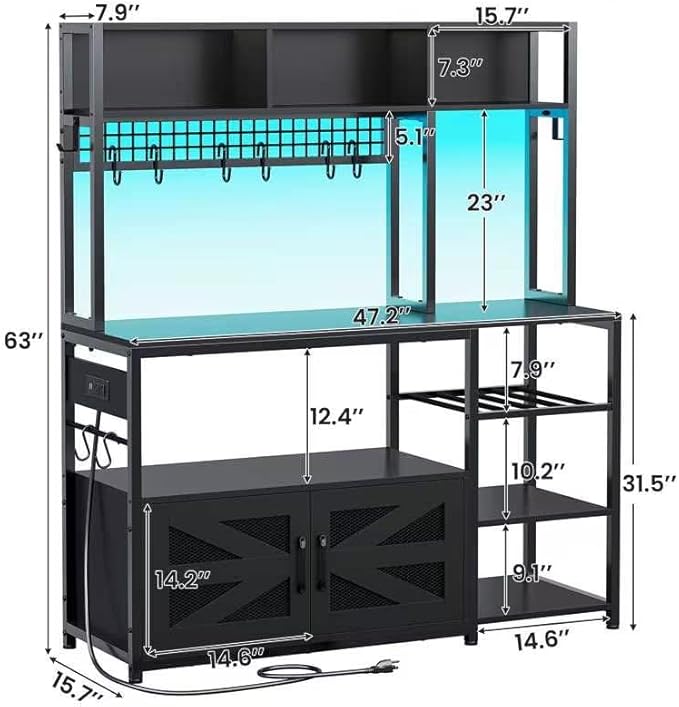 Itaar 47.2 Inch Bakers Rack with Power Outlet, Microwave Stand with Storage, Farmhouse Coffee Bar Cabinet Station with Wine Rack, Iron Grid and 8-S Hooks (Black)