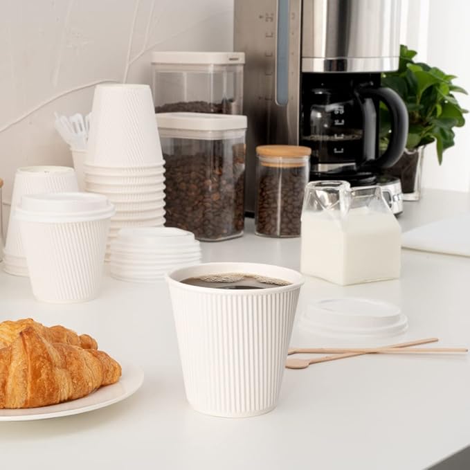 Restaurantware 8 Ounce Double Wall Disposable Coffee Cups, 500 Insulated White Paper Tumblers with Ripple Wall Design, Lids Sold Separately for Hot Drinks like Tea, Hot Chocolate, and More
