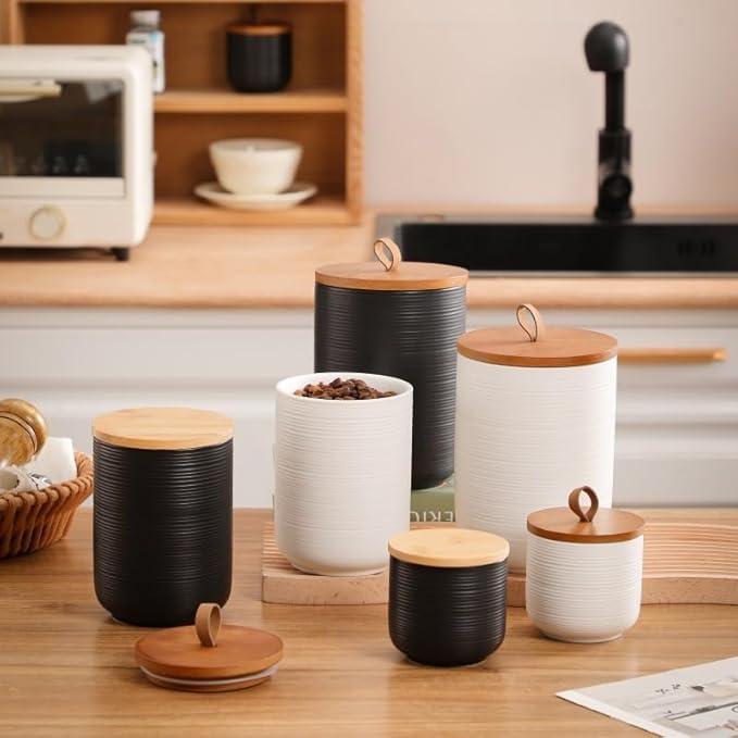 Food Storage Jar Strong Ceramic Storage Canisters with Airtight Wooden Lid,Kitchen Storage Containers for Serving Coffee Beans, Tea, Sugar, Salt, Spices (Big black)
