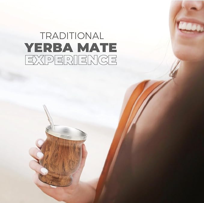 BALIBETOV Stainless Steel Double-Wall Mate Cup And Bombilla Set - Yerba Mate set Includes One Yerba Mate Cup, 2 Bombillas Mate (Straw) & Brush - Easy to Clean (Wood)