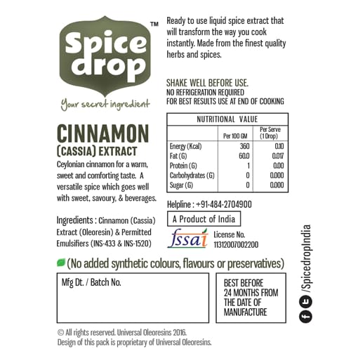 Spice Drop Cinnamon Cassia Extract – Baking, Cooking, Smoothie, Dessert, Coffee, Tea | Premium Quality Rich Aroma & Flavor | No Added Color or Preservative | Sri Lanka Origin | Vegan | 0.17 Oz