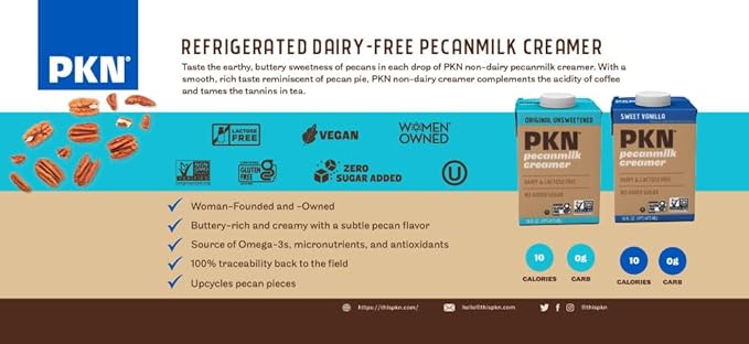 PKN Original Non Dairy Coffee Creamer Milk Alternative, Made from Real American Pecans, Plant-Based Nut Milk, Without Added Sugars and No GMOs, Lactose Free, 2-Pack Variety