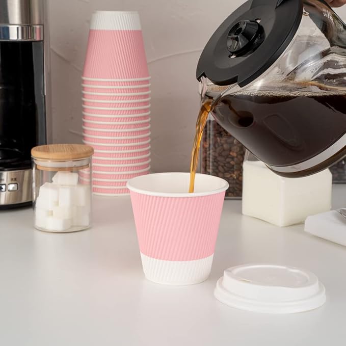 Restaurantware 8 Ounce Ripple Wall Paper Coffee Cups, 25 Leakproof Disposable Hot Drink Tumblers, Recyclable, Insulated Light Pink Design, Matching Lids available for Cups and Sold Separately