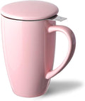 Sweejar Porcelain Tea Infuser Cup with Lid, 16 oz Tea Cup with Strainers for Loose Leaf Tea, Microwave and Dishwasher Safe Coffee Mug, Tea Steeping Mug for Tea Drinkers,Christmas Gift (Pink)