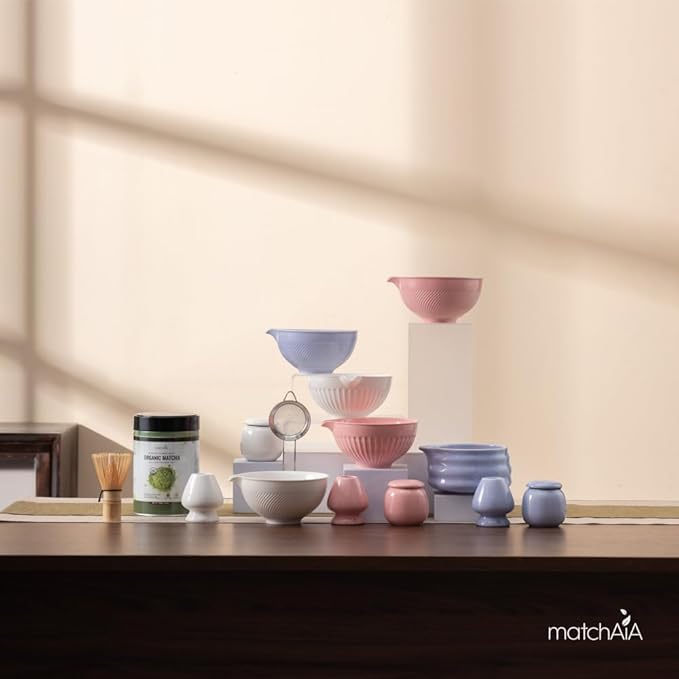 Matcha Whisk Set 8 Pcs - Ceramic Bowl, Bamboo Whisk with Holder, Canister, Sifter, Schima Spoon, Spoon Rest and Tea Towel, Complete Kit for Traditional Matcha and Modern Lattes (Purple)