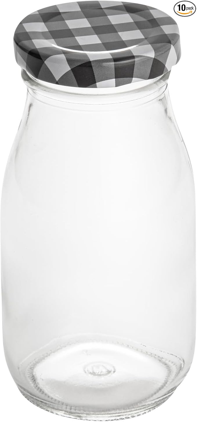 Restaurantware-French Countryside 6 Ounce Glass Bottles, 10 Durable Juice Bottles - With Black Plaid Lid, Dishwashable, Clear Glass Countryside Bottle, For Hot And Cold Beverages