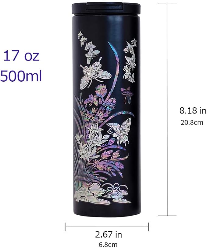 Mother of Pearl Design Stainless Steel Water Bottle 17 oz Leakproof Screw Cap Wide Mouth Double Wall Vacuum Insulated Travel Sport Water Flask Thermo Mug (Orchid Flower)