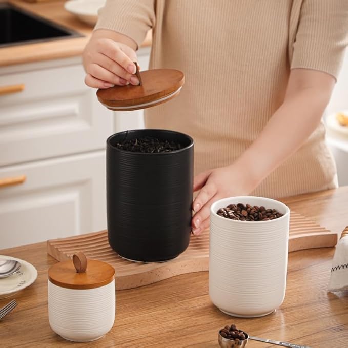 Food Storage Jar Strong Ceramic Storage Canisters with Airtight Wooden Lid,Kitchen Storage Containers for Serving Coffee Beans, Tea, Sugar, Salt, Spices (Big black)