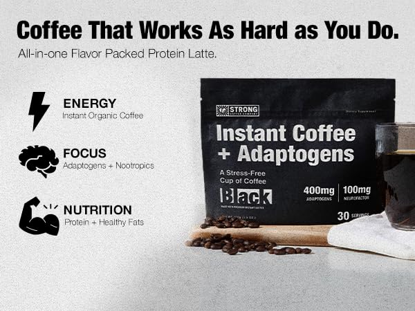 STRONG COFFEE COMPANY Organic Instant Black Coffee - Individual Servings, Extreme Focus, Adaptogen Coffee, No Jitters, No Crash (1, 30 Packets)