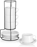 8oz Porcelain Stackable Cappuccino Cups with Saucers and Metal Stand Set of 4, Coffee Cups for Espresso, Specialty Coffee Drinks, Latte, Americano and Tea - White