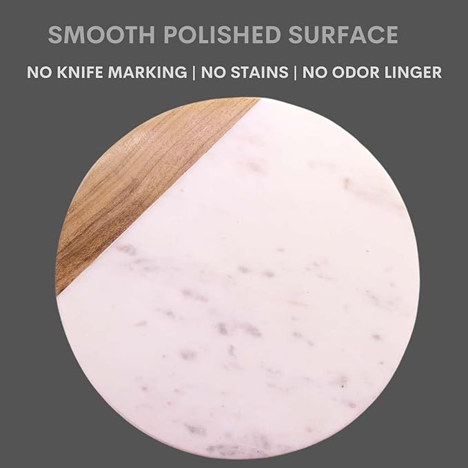 White Marble Board - Cheese Board | Acacia Wooden Serving Tray For Charcuterie, Cheese, Meats, Fruit, Crackers | Cutting Board, Serving Tray, Round Slab 10 Inches.