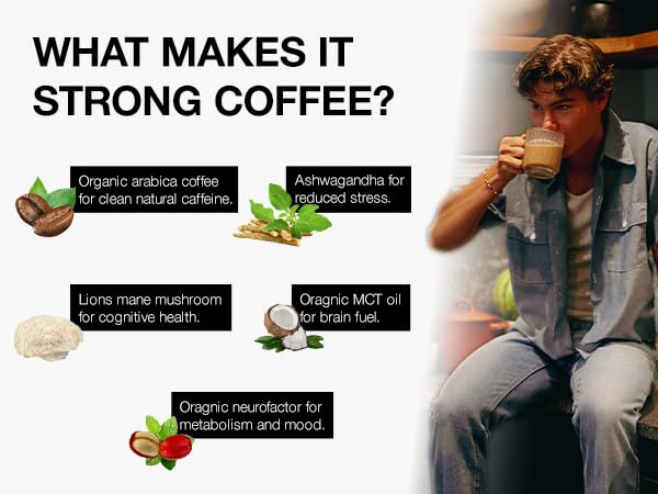 STRONG COFFEE COMPANY, ORGANIC INSTANT BLACK COFFEE – Individual Servings, Extreme Focus, Adaptogen with L-Theanine & Ashwagandha, No Jitters, No Crash (10 Packets)