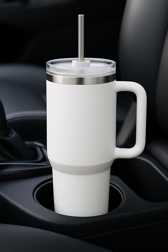 40oz Stainless Steel Tumbler with Handle & Metal Straw – Insulated Double Wall Travel Mug with Lid, Large Coffee Cup for Hot & Cold Drinks, Fits Car Cup Holders