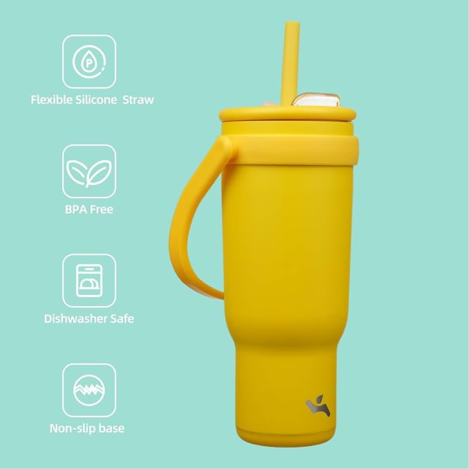 40 oz Tumbler with Side Handle, Insulated Water Bottle with Straw and 2 in 1 Lid, Stainless Steel Cup Travel Coffee Mug for Sports Office Gym,Yellow