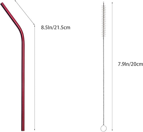 10 Pcs Stainless Steel Straws, Reusable Drinking Straws, Bent Metal Straw Sets with 2 Pcs Cleaning Brushes (Red, 8.5 Inch)