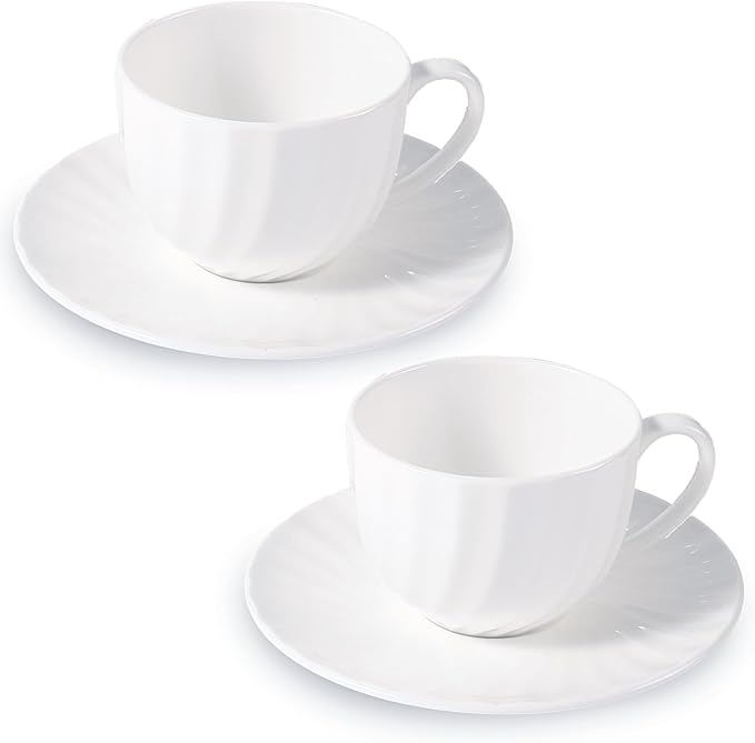 Fine Bone China Cappuccino Mugs Set of 2, 7 Oz Spiral Pattern Lightweight Ceramic, Art Coffee Cups with Saucers, for Latte, Mocha, Tea, Espresso, Macchiato, Americano