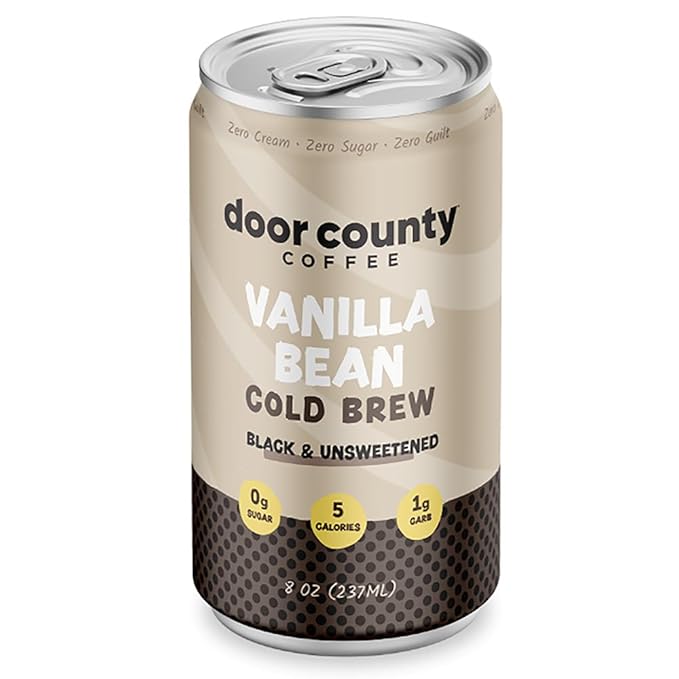 Door County Coffee Vanilla Bean Ready to Drink Canned Cold Brew - 8oz - 6 Pack - Cold Pressed Coffee, 5 Calories, Bold & Rich, Flavorful, 145mg Natural Caffeine