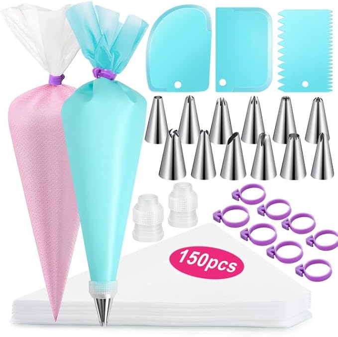 176PCS Piping Bags and Tips Set, Includes 150pcs 12 Inch Anti Burst Piping Bags, 1 Reusable Pastry Bags, 12 Piping Tips, 8 Icing Bags Ties, 3 Cake Scrapers and 2 Couplers