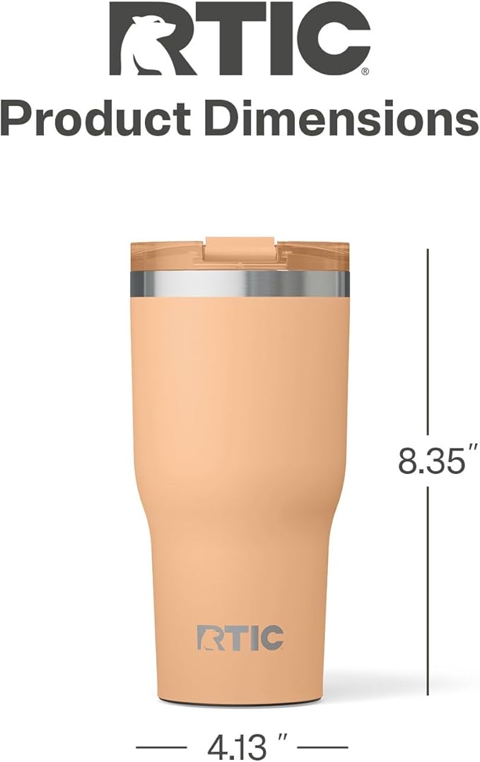 RTIC 30oz Essential Tumbler with Lid, Insulated, Stainless Steel, Metal, Double Wall Vacuum-Insulation, Ceramic Lined, Travel Cup for Iced Coffee, Tea, Hot and Cold Drink, Peach Tea
