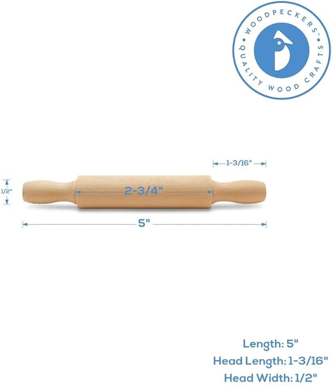 Wooden Mini Rolling Pin, 5 Inches Long, Pack of 12, Great for in The Kitchen, Play-doh, Crafting and Imaginative Play, by Woodpeckers