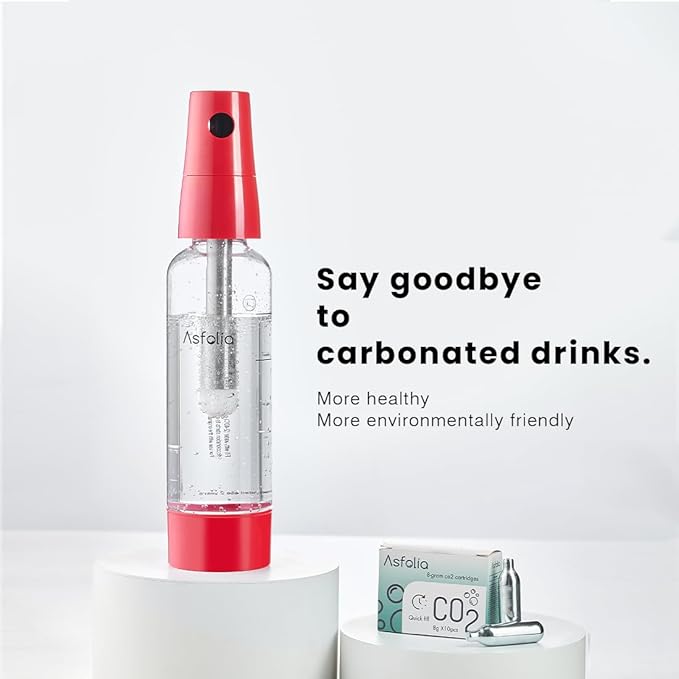 Portable Sparkling Water Maker - Travel Soda Maker for Home & Outdoor, 1L Carbonating Bottle, 10 pcs CO2 Cylinders, Compact Carbonated Water Machine for Flavored Drinks, Soda Machine (Red)